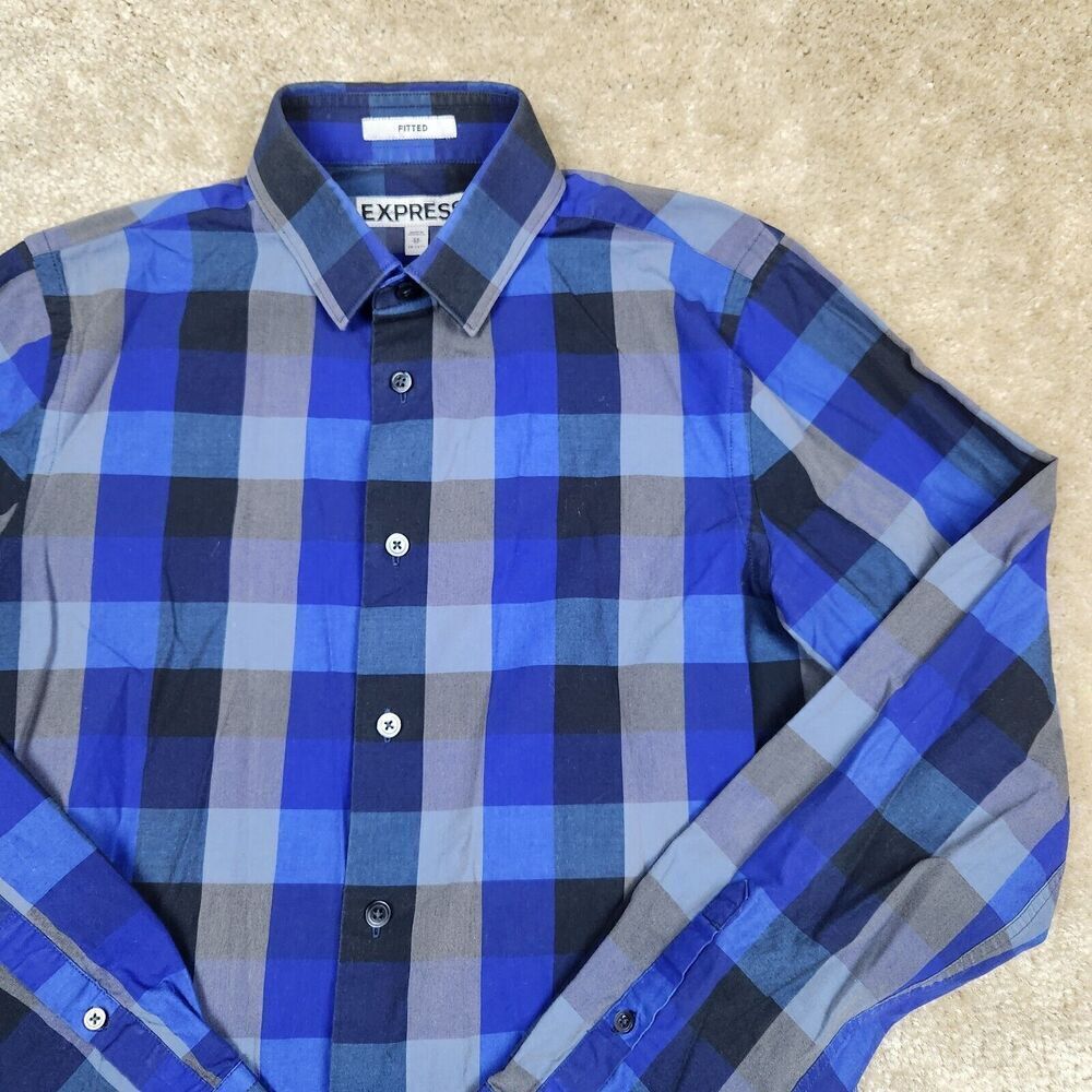 EXPRESS Fitted Men's Size XS 13-13 1/2 Blue Plaid Dress Shirt Stretch A751